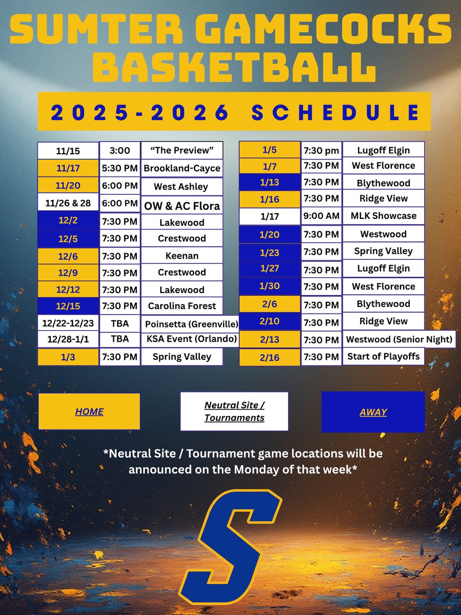 The 2025-2026 Sumter Gamecocks Boys 🏀 schedule is set!! Mark your calendars and be ready to show out for the guys!!! Can’t wait to see you all there! 💙💛

#wearesumter #stayonthatside 

<a href="/theitemsports/">The Item Sports</a> <a href="/LouatTheState/">Lou Bezjak</a>