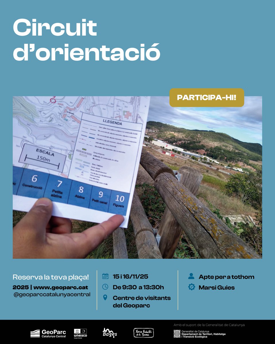 Geoparc's tweet photo. Aquest cap de setmana, no us perdeu el Circuit d’Orientació pel Geoparc! 🧭

Podreu descobrir l’entorn del Centre de Visitants i la
Séquia amb un circuit ple de reptes i diversió per a tots
els públics.

🔗 Feu la vostra inscripció a https://t.co/MPKmarsq84 https://t.co/SJOD5MNbns