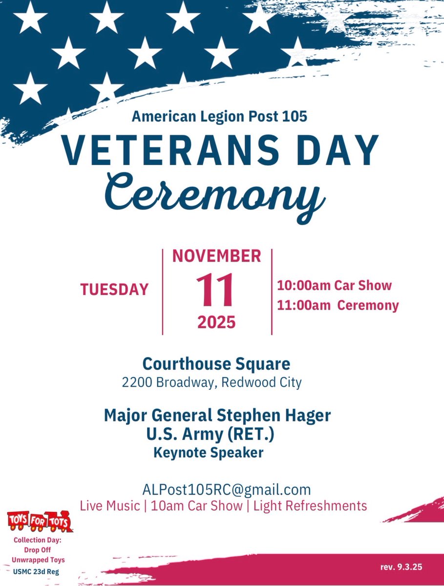 RedwoodCity's tweet image. In honor of Veterans Day, City Hall, all Libraries and administrative facilities are closed today, November 11, however emergency services will continue. Normal business operations will resume tomorrow, November 12.