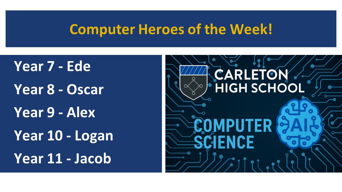 PATCarletonHigh's tweet image. A shout out from Mr Todd for CHS&apos;s #ComputerHeroes for the week. Well done to these students for their hard work in Computer Science. #CHScomputerscience #excellence
