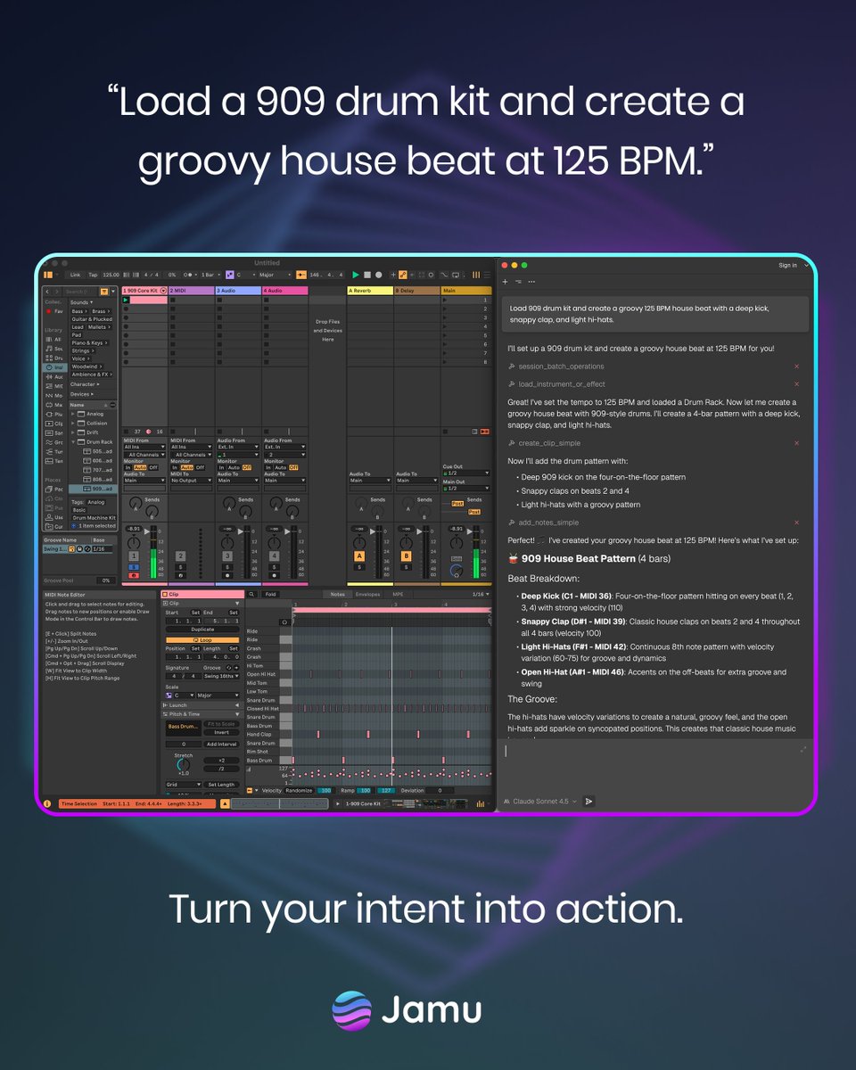 Jamu_ai's tweet photo. You know the sound in your head. Now you can tell Ableton to make it.

Jamu listens to your intent and performs real actions inside Ableton: loading instruments, creating patterns, adding effects.

Less clicking, more creating.

Join the waitlist now → https://t.co/VyzzuPNNNd https://t.co/m7PATTXCRK