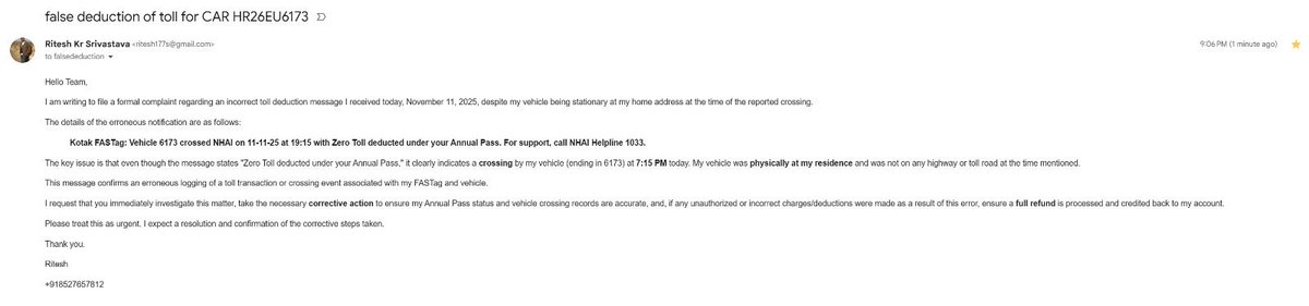 ritesh177s's tweet photo. @NHAI_Official hello NHAI TEAM…I have raised an official complaint regarding fake deductions of toll from my annual toll pass…

This has recently happens again.. kindly take strict action. @nitin_gadkari https://t.co/R48XrVnVic