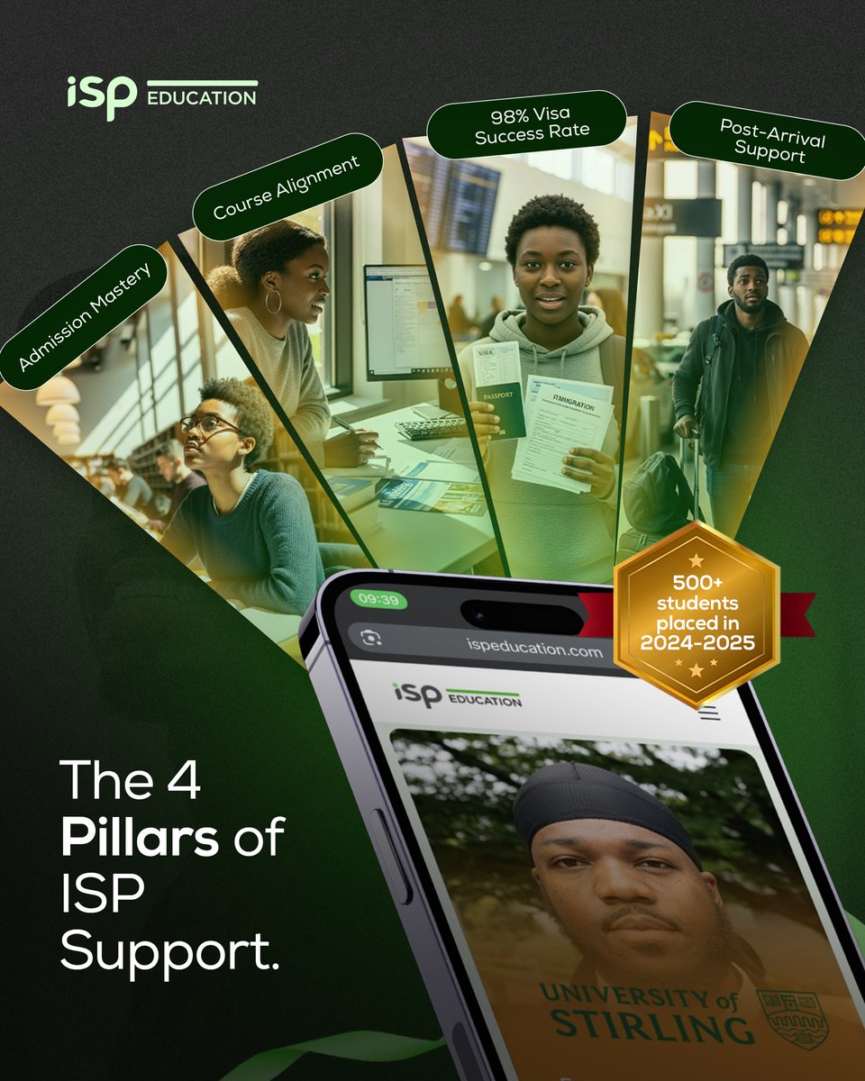 IspEducation's tweet image. Four pillars. One goal — your success abroad.

Admission Mastery
Course Alignment
98% Visa Success Rate
Post-Arrival Support
500+ students placed for 2024–2025.
Start your journey with ISP Education today.
#ispeducation #studyabroad #visasuccess #studentsupport