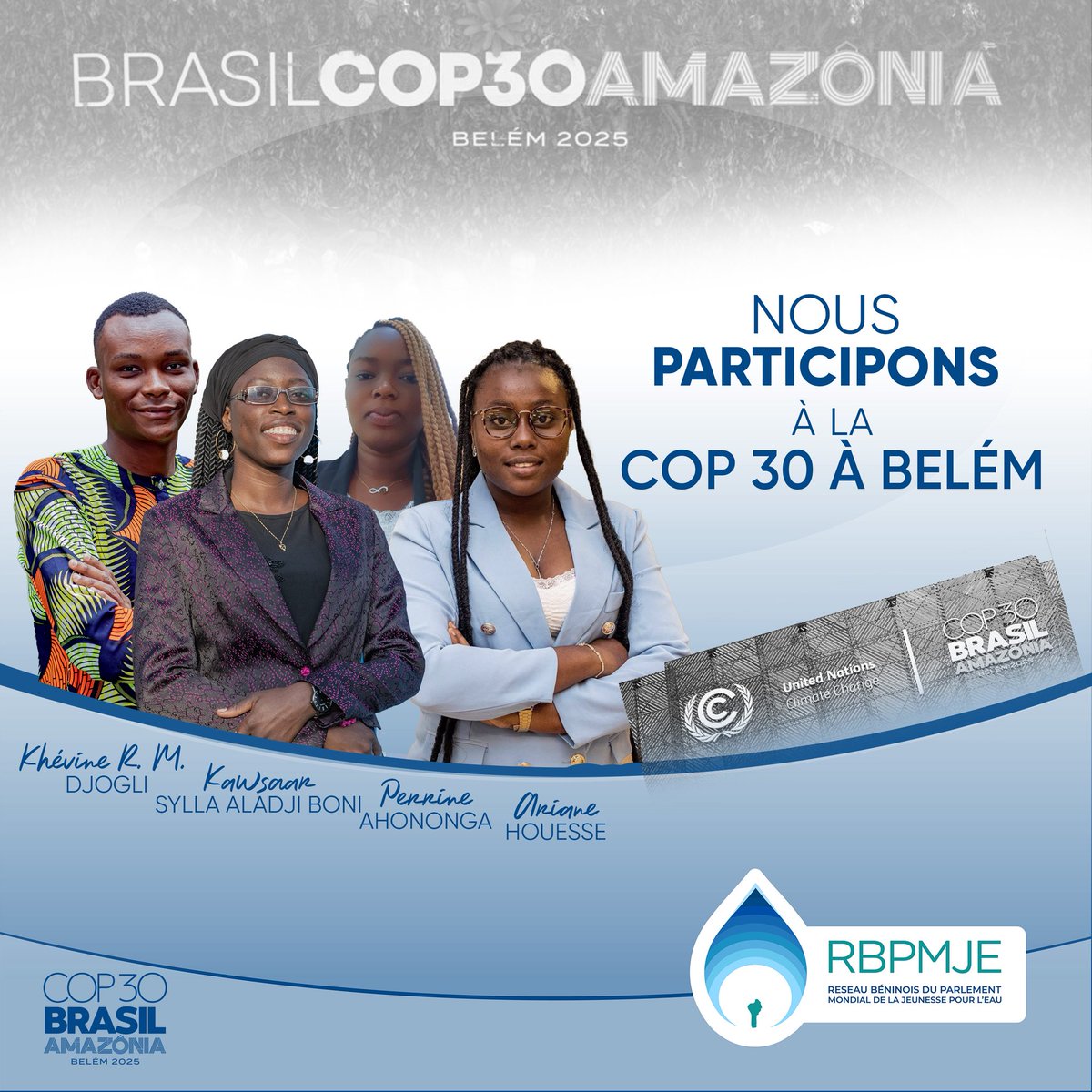 Le <a href="/PmjeRb/">RB/PMJE</a> est fier de prendre part à la #COP30 qui se déroule du 10 au 21 novembre à Belém. Le réseau est représenté à travers la présence de ses membres dont : Perrine AHONONGA, Kawsaar Sylla Aladji Boni, Ariane HOUESSE et Khevine DJOGLI.
 #ISLA2025 #GIZ #Youth4Climate