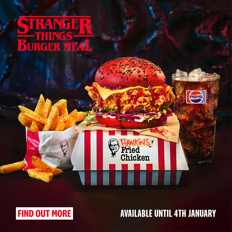 KFC becomes ‘Hawkins Fried Chicken’ in a Stranger Things collab  

Staff are serving up comfort food amid Hawkins’ collapsing town 🕳️ 

The menu exists both in Hawkins and in our world, with limited-edition items like the Stranger Things Burger🧇