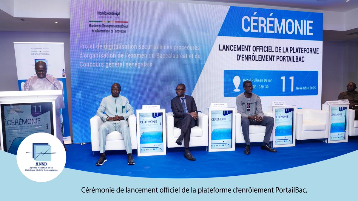 statsenegal's tweet image. Lancement officiel de la plateforme d’enrôlement PortailBac.

Fin des clés USB, vignettes papier remplacées par des versions digitales et archivage des bulletins depuis 2006.
Cérémonie présidée par le MESRI, l’ANSD et l’Office du Bac.
#ANSD #MEPC #MESRI #PortailBac #PHASAOC