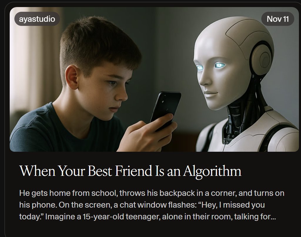 Millions of teens are turning to AI chatbots for comfort, some even falling in love.

What happens when loneliness meets algorithms?

Read here my new article: paragraph.com/@ayastudio/