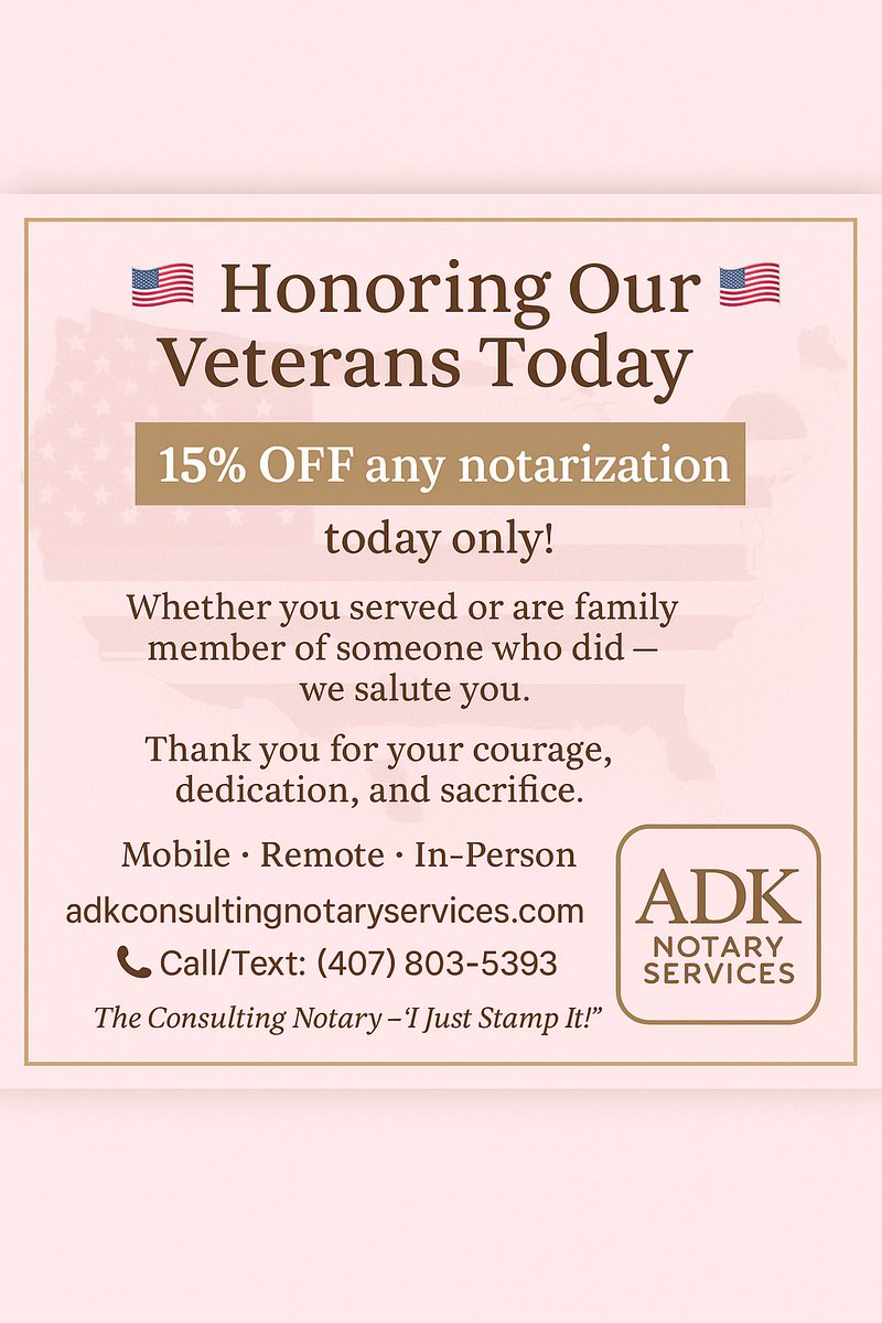 ADKNOTARYSVCS's tweet image. 🇺🇸 Honoring Our Veterans Today 🇺🇸
In gratitude for your service, ADK Notary Services is offering 15% OFF any notarization today only!

Whether you served or are a family member of someone who did — we salute you. 💕🤎
Thank you for your courage, dedication, and sacrifice.
