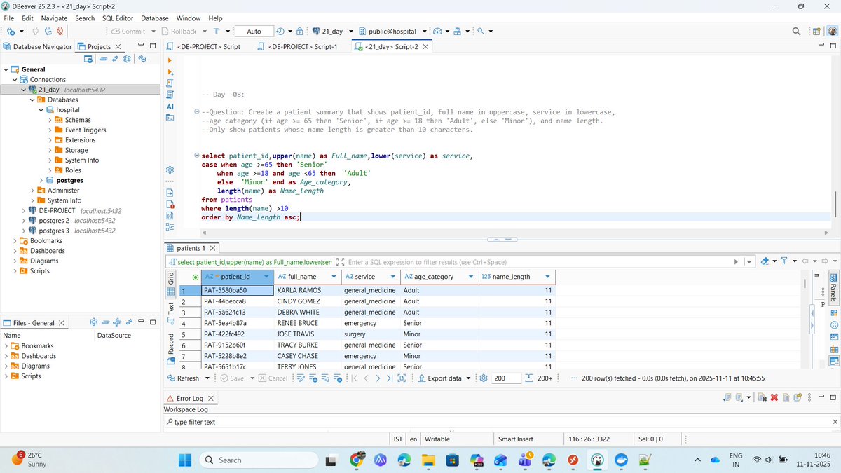 Vikash040999's tweet image. Day 8 – IDC 21 Days of SQL w/ #DPDzero

Task: Show patient_id, full name in UPPERCASE, service in lowercase, age category , and name length — only names &amp;gt;10 chars 👇

On to Day 9 🚀

@dpdzero  @indiandataclub 
#21DaysSQLChallenge #SQLWithIDC #IndianDataClub #SQLPractice #Day8