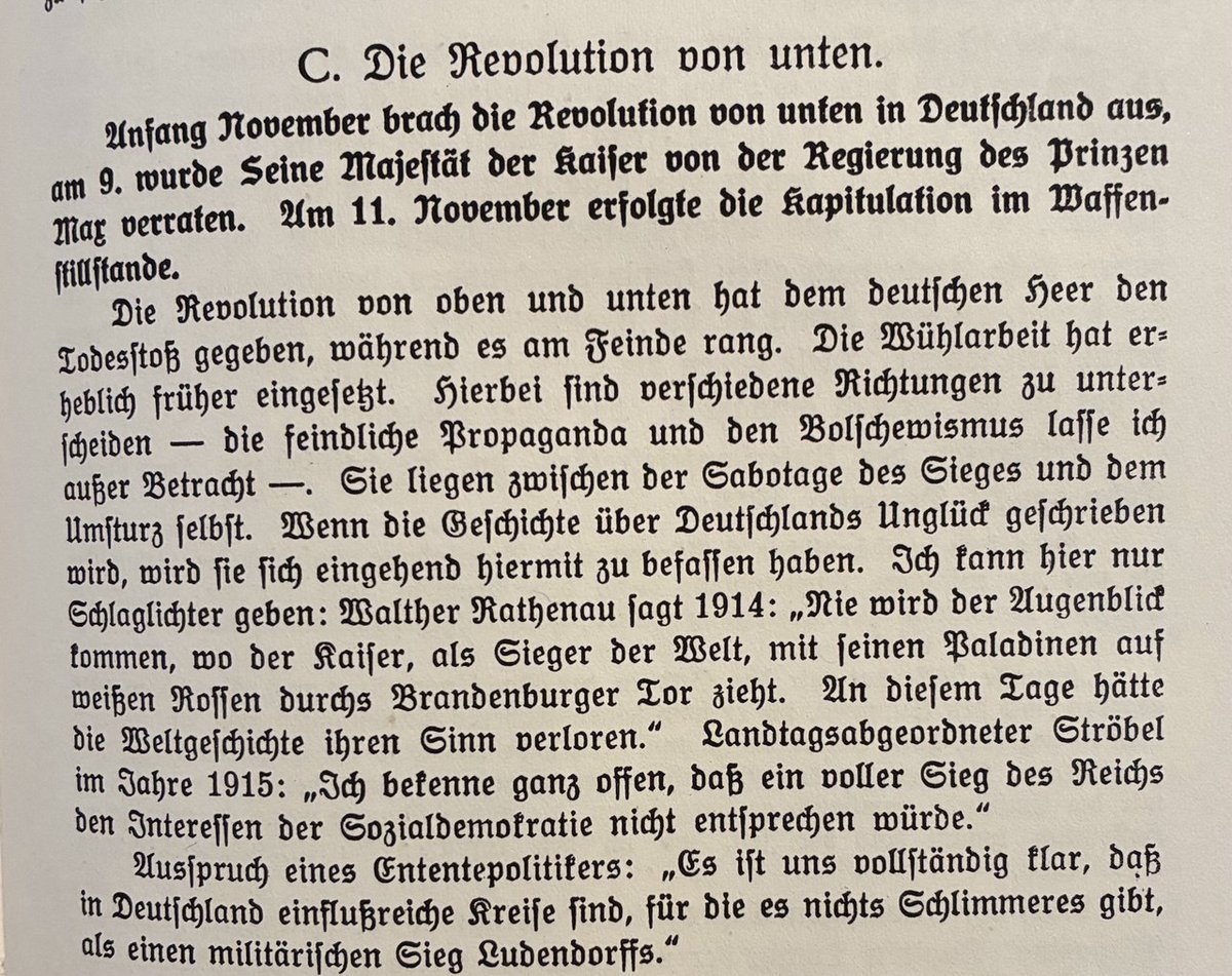 »Anfang November brach die Revolution von unten aus, am 9. wurde Seine Majestät der Kaiser von der Regierung des Prinzen Max verraten.
Am 11. November erfolgte die Kapitulation im Waffenstillstande.«

-Erich Ludendoroff-