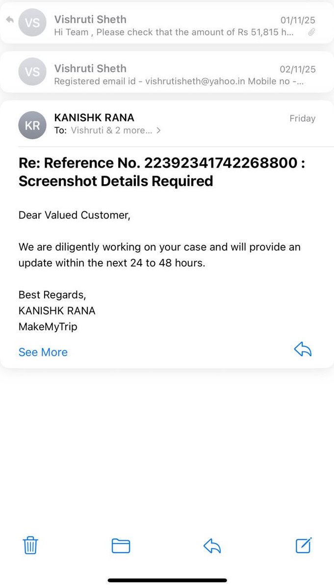 NambyPure's tweet photo. @makemytrip - Highly disappointed by your service for a MMT black customer. Its taken 2 weeks for your team to locate an unsuccesful booking and reverse it. And after multiple follow ups, the ticket is now closed without resolution. Need closure in 24 hours! https://t.co/R7YYEpsqko