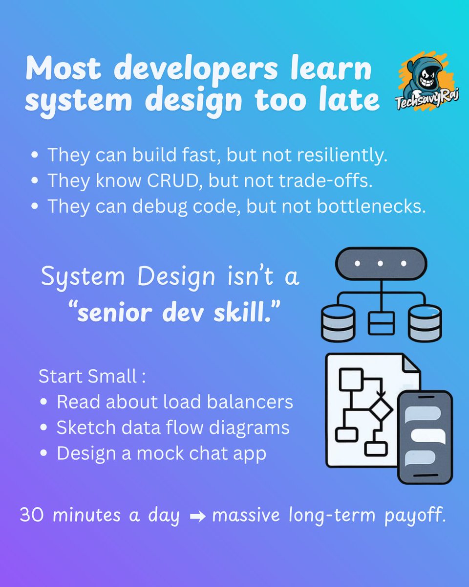 TechsavyRaj's tweet image. Why backend engineers should learn system design early❓
 #SystemDesign  #BackendEngineering  #ScalableArchitecture  #SoftwareDevelopment  #CareerGrowth #TechLeadership