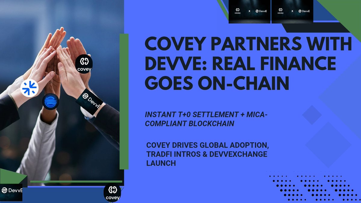 chivencobi89's tweet image. Just saw this drop and had to share  Covey is now officially partnering with @DevveEcosystem!   

DevvE is that clean, fast blockchain built for real money moves: instant T+0 settlements (no counterparty drama), security locked in at protocol level, 

#DEVVE #Web3