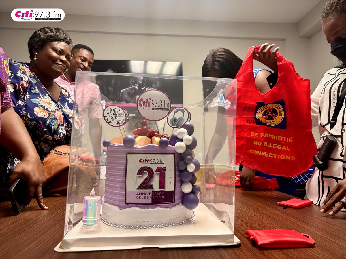PHOTOS: The Electricity Company of Ghana joins Citi FM to celebrate 21 years of Relevant Radio. Representatives from <a href="/ECGghOfficial/">Electricity Company of Ghana Ltd</a> presented a cake and souvenirs to the Citi FM team, commending the station for its excellence and long-standing partnership that continues to power
