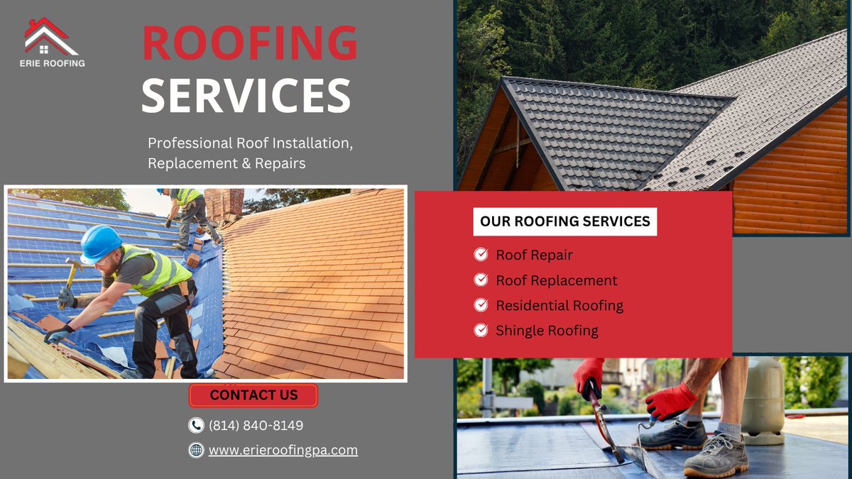 ErieRoofing's tweet photo. Need reliable roofing services? 🏠 At Erie Roofing we handle everything from storm damage repair to full roof replacement — residential &amp; commercial in the Erie, PA area. Get your free estimate now: https://t.co/9F27M9nyRo #Roofing #HomeImprovement https://t.co/yzORYOT8oq