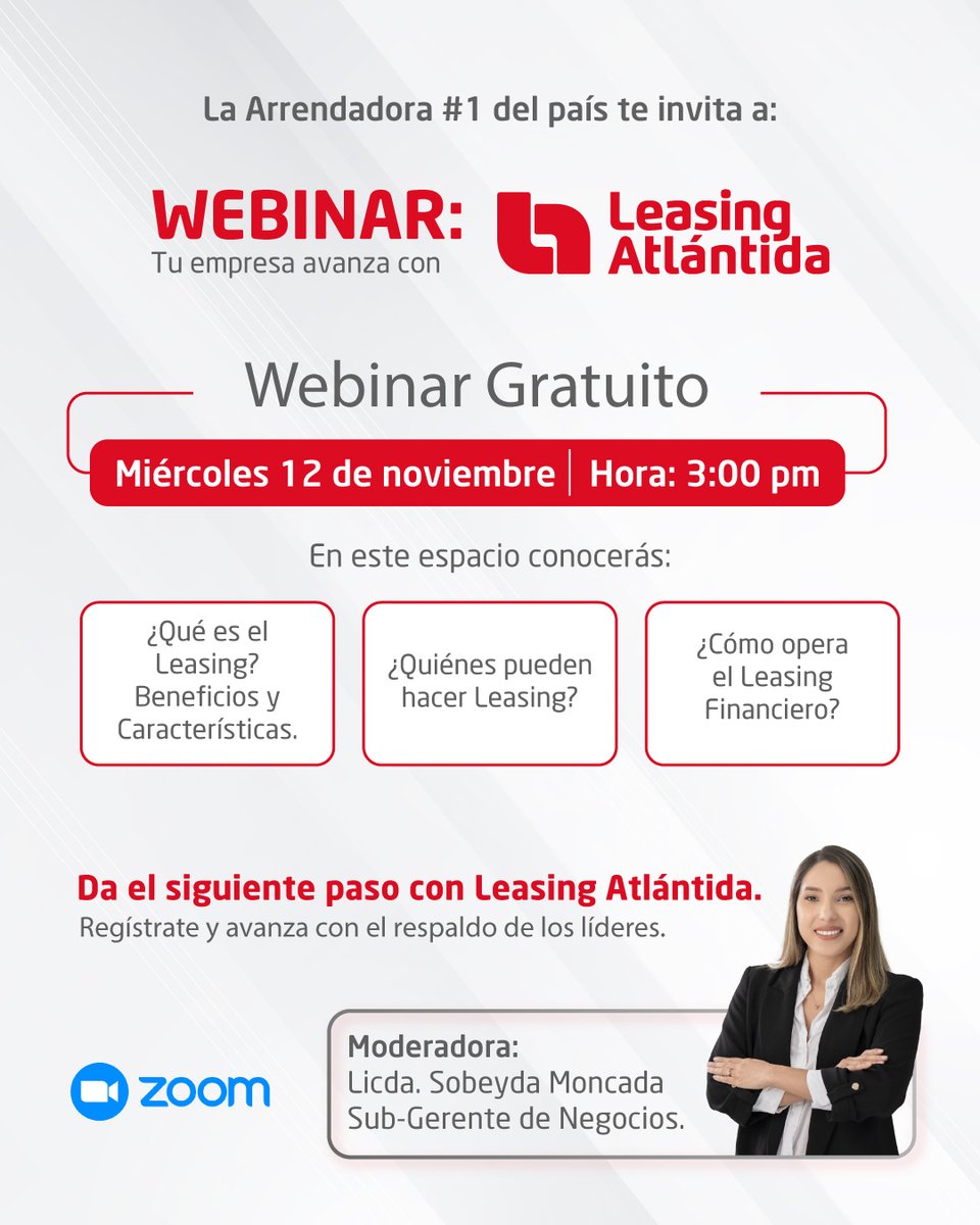 WEBINAR: “Tu Empresa Avanza con Leasing Atlántida” Descubre cómo opera el Leasing Financiero, sus ventajas y beneficios, en una sesión exclusiva con los expertos. Regístrate aquí:

us06web.zoom.us/webinar/regist…