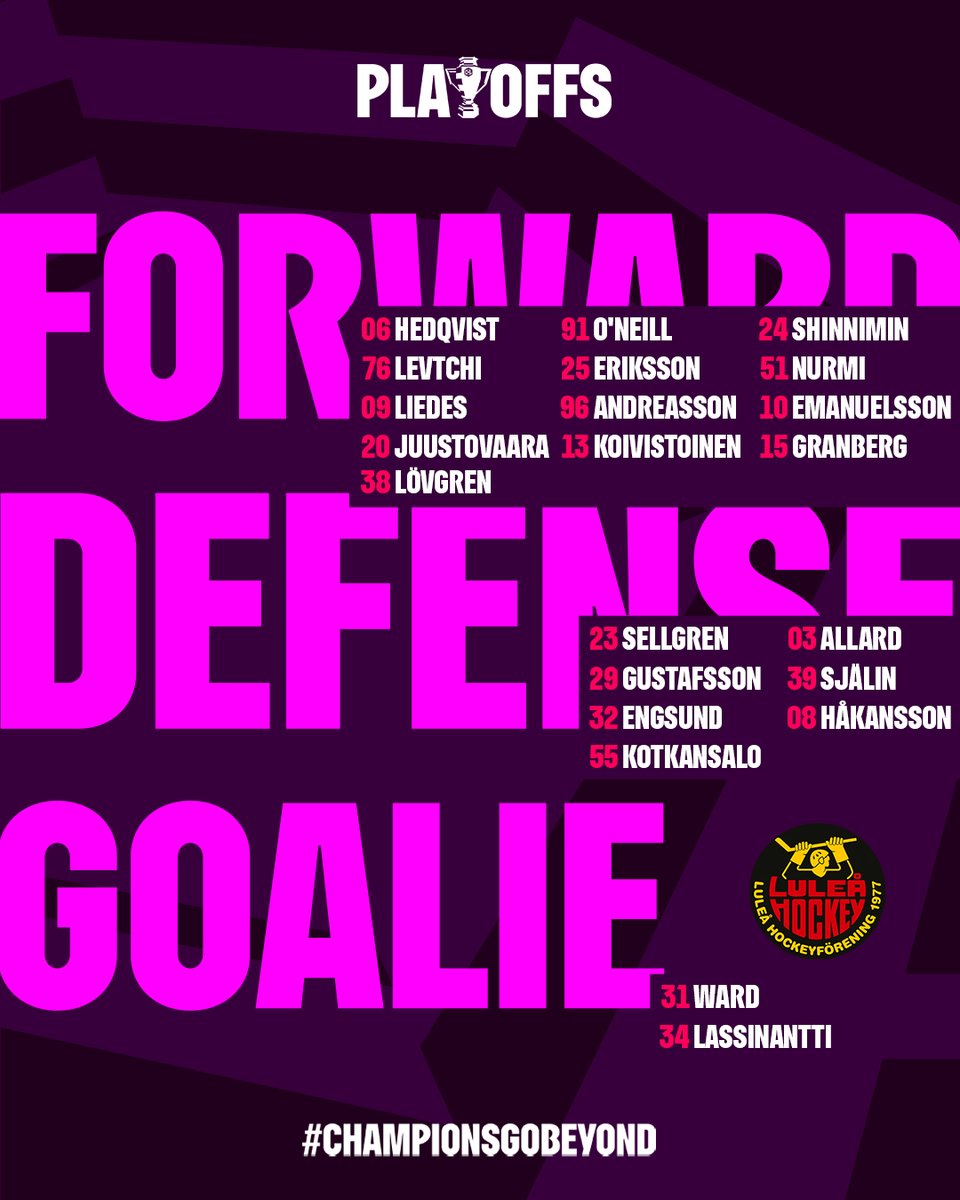 Laguppställningen inför kvällens hemmamatch mot Kometa Brno i den första slutspelsmatchen i CHL 2025/2026.

Nedsläpp kl 19:00 i Coop Norrbotten Arena och på Viaplay.
