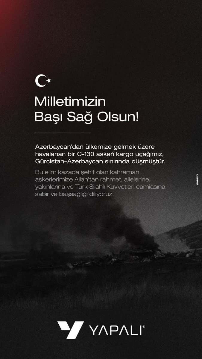 Askeri kargo uçağı kazasında şehit düşen kahramanlarımıza rahmet diliyoruz.
Milletimizin başı sağ olsun.🇹🇷