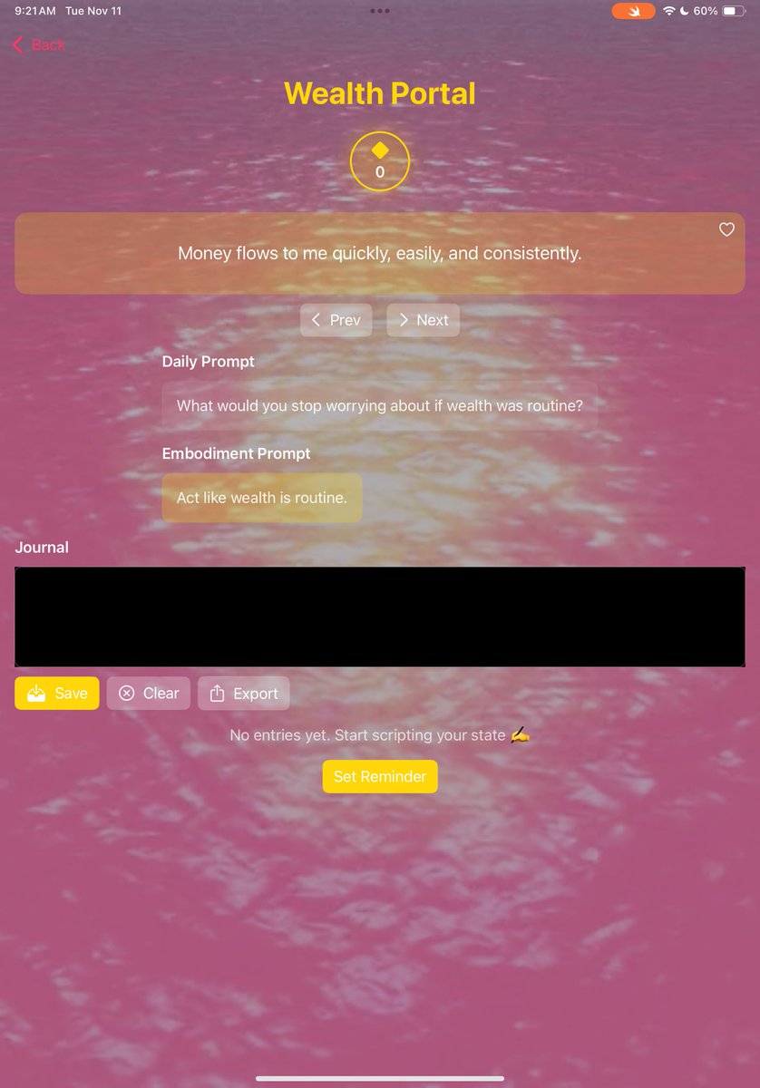 MiaSovereign's tweet photo. LOASS APP WIP💎🔨
👑a reflection wall for users to post anonymously or with an optional alias
👑 Affirmation streaks so users can keep up with how much they affirm
👑 Journaling prompts for more mindful scripting
👑 And so much more otw #theGreatLockIn 

(App testers needed!) https://t.co/iGdM8q7ekP
