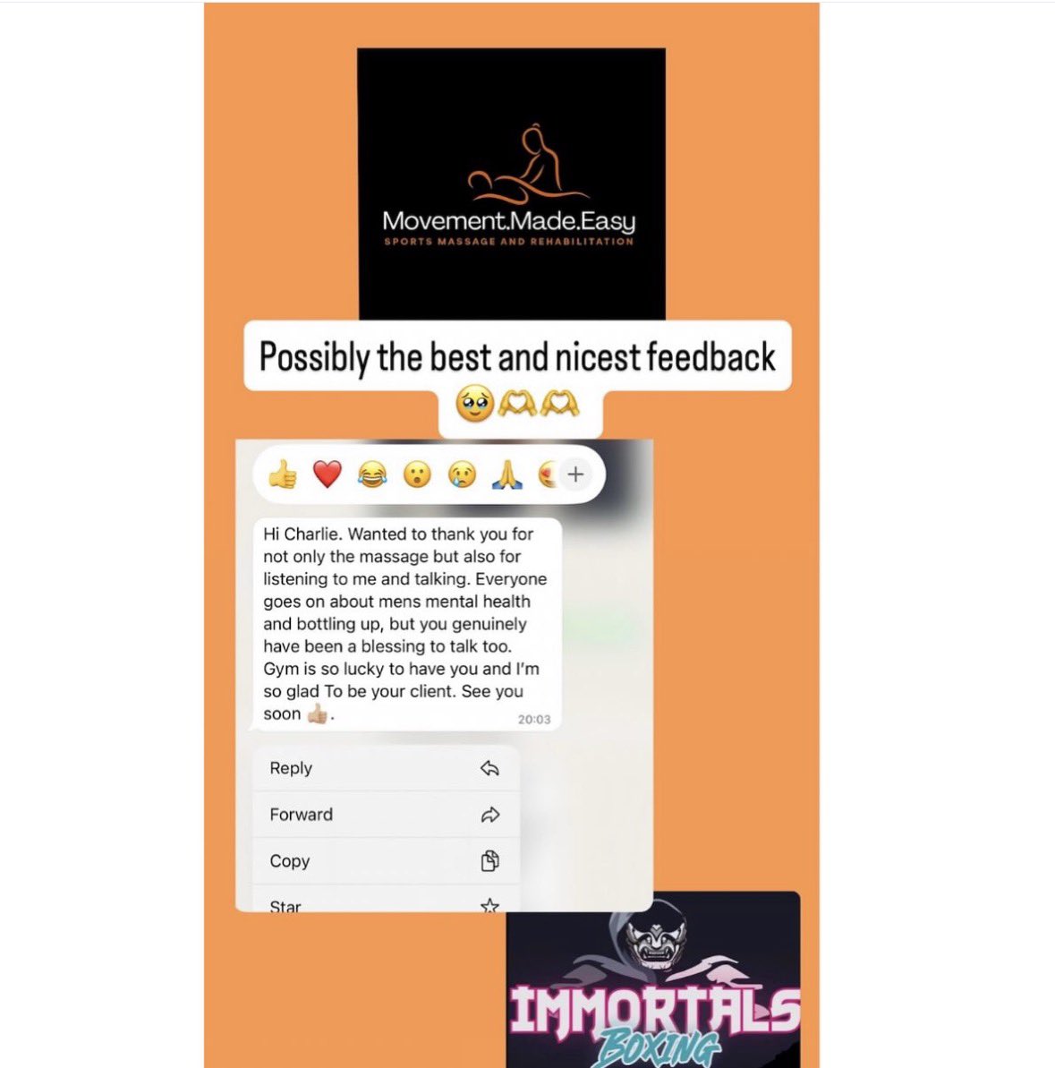 November is mens mental health month, with working so closely with incredibly talented male atheltes, its important to ensure they feel safe and able to talk. 

This feedback is one reason why I love what i do - not only physical improvement, but mental too.

💙