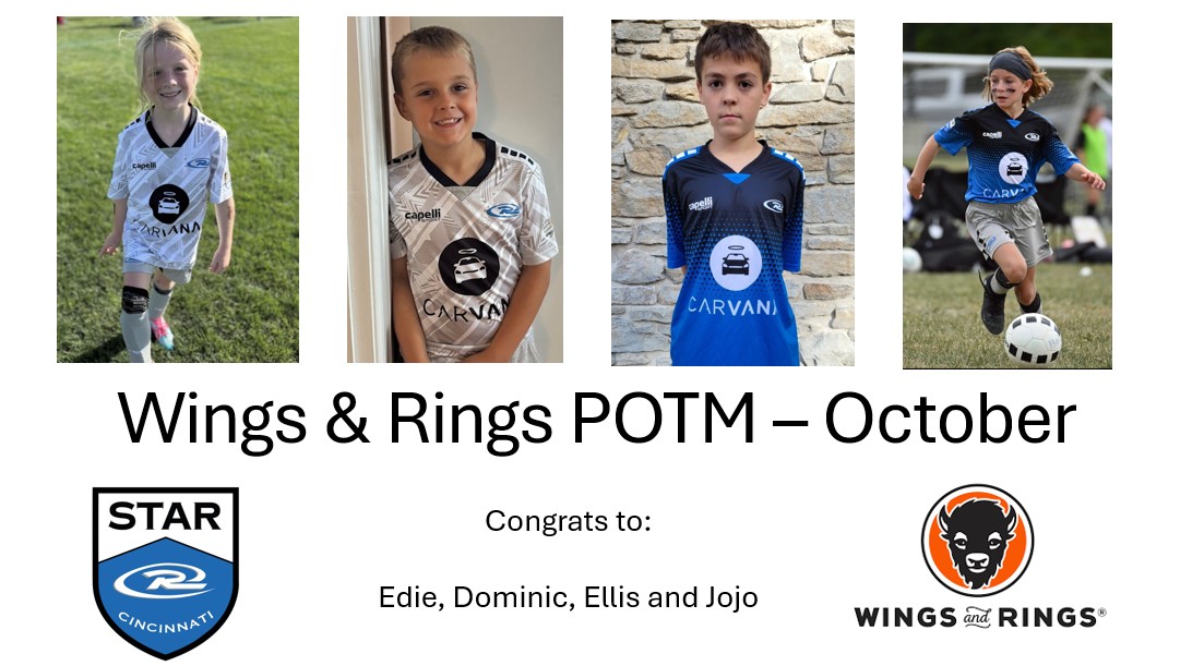 STARSoccerClub's tweet image. 🎉October Player of the Month 🎉

Congrats to Edie, Dominic, Ellis &amp;amp; Jojo!

These players set the standard for teammates &amp;amp; represent our club values.

Thanks to Wings and Rings for supporting youth development and helping to spotlight our players.

#WeAreSTAR 
#RUID
@RushSoccer