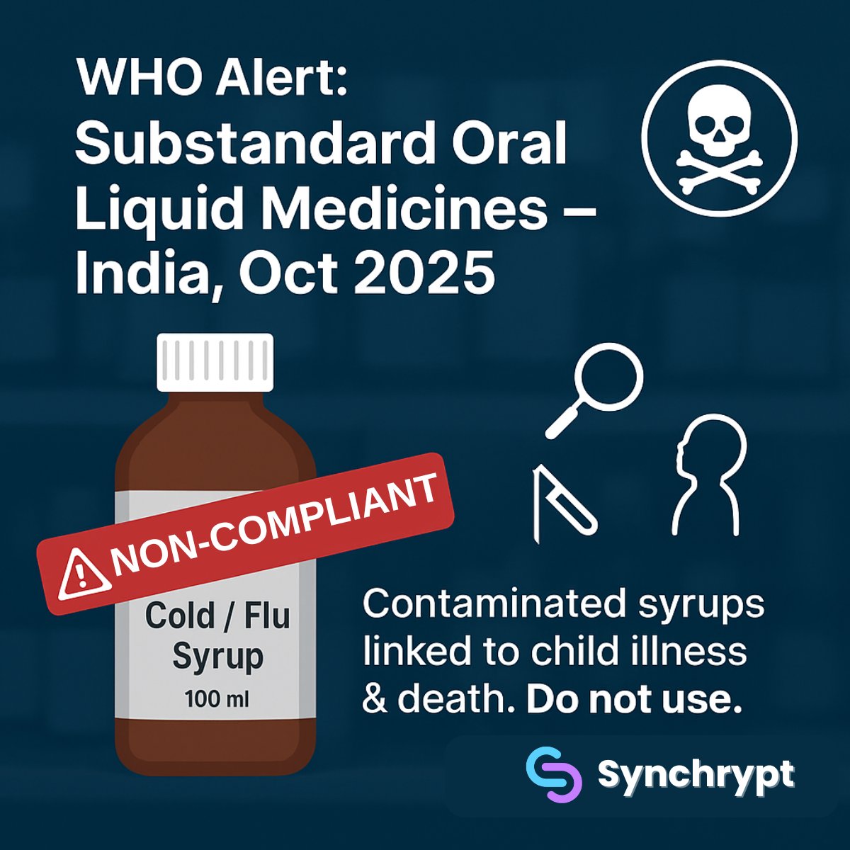 Synchrypt's tweet image. When medicine turns into poison — trust collapses.

India’s toxic cough syrups have exposed a dangerous truth: without transparency, even lifesaving drugs can become lethal.
It’s time for accountability, not assumptions.

Full story 👉 blog.synchrypt.com/indias-toxic-c…

#synchrypt…
