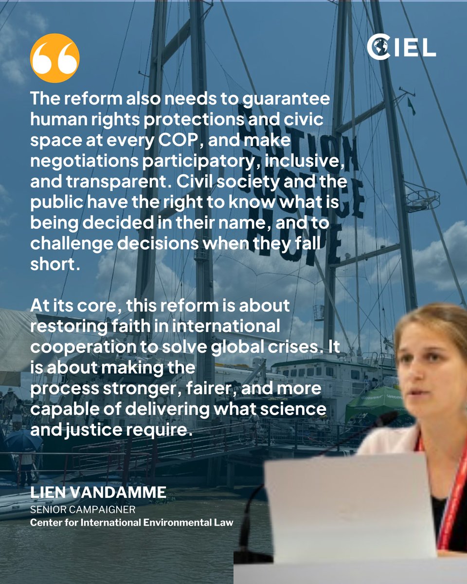 ciel_tweets's tweet photo. If #COP30 is to be remembered as a turning point, it won’t be because the system was perfect, but because governments decided to make it better.

✊ We call on States to commit to #FixTheUNFCCC and advance #TheCOPWeNeed ✊ https://t.co/FgGoqaFjkM