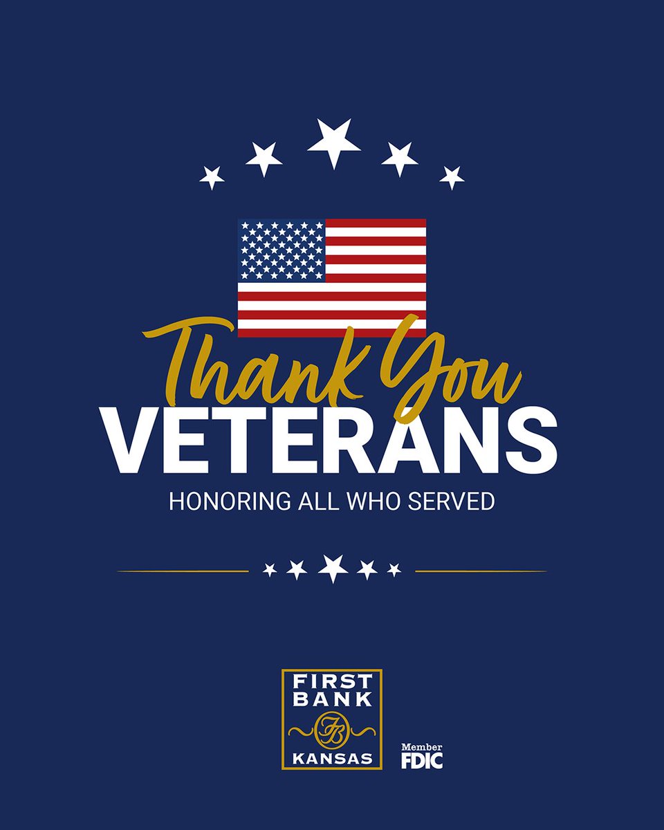 FirstBankKansas's tweet image. Today we honor the brave men and women who have served our country. From all of us at First Bank Kansas, thank you for your service and sacrifice.
 
#VeteransDay