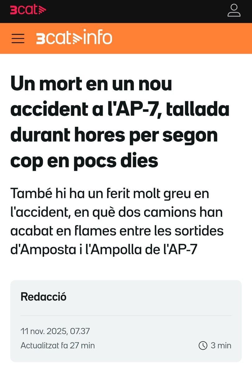 jm_clavero's tweet image. Si estigués acabat i en funcionament el Corredor Mediterrani no caldrien tants camions ni l'ampliació de l'AP-7, s'evitarien morts i hi hauria menys contaminació.
Però ja coneixem l'opció triada per Espanya per no afavorir Catalunya.