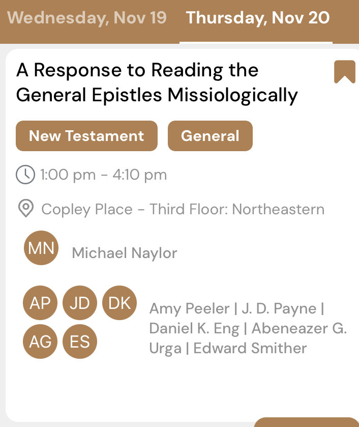 AbeneazerGUrga's tweet photo. Looking forward to hearing the responses of Amy Peeler, @jd_payne and Daniel Eng to *Reading Hebrews, 1 Peter and James Missiologically* (@wcpbooks) and respond to their responses with @edsmither  @etsjets #ETS2025 #ETS25. https://t.co/E3gIMXzWyQ