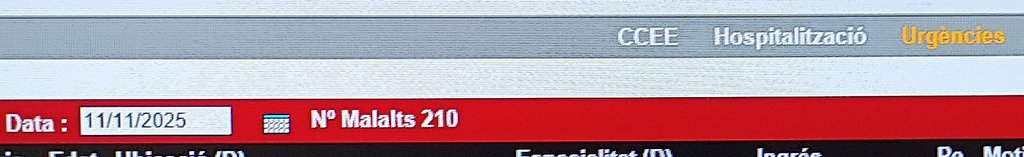 11/11/2025
210 pacients a Urgències de l'Hospital del Mar 
110 és la seva capacitat desitjada
45 superen les 24 hores 
El més antic supera les 95 hores
Pacient de 92 anys, supera les 80 hores
84 anys, 76 hores 
91 anys, 66 hores 
82 anys, 48 hores
81 anys, 48 hores
90 anys, 35 h