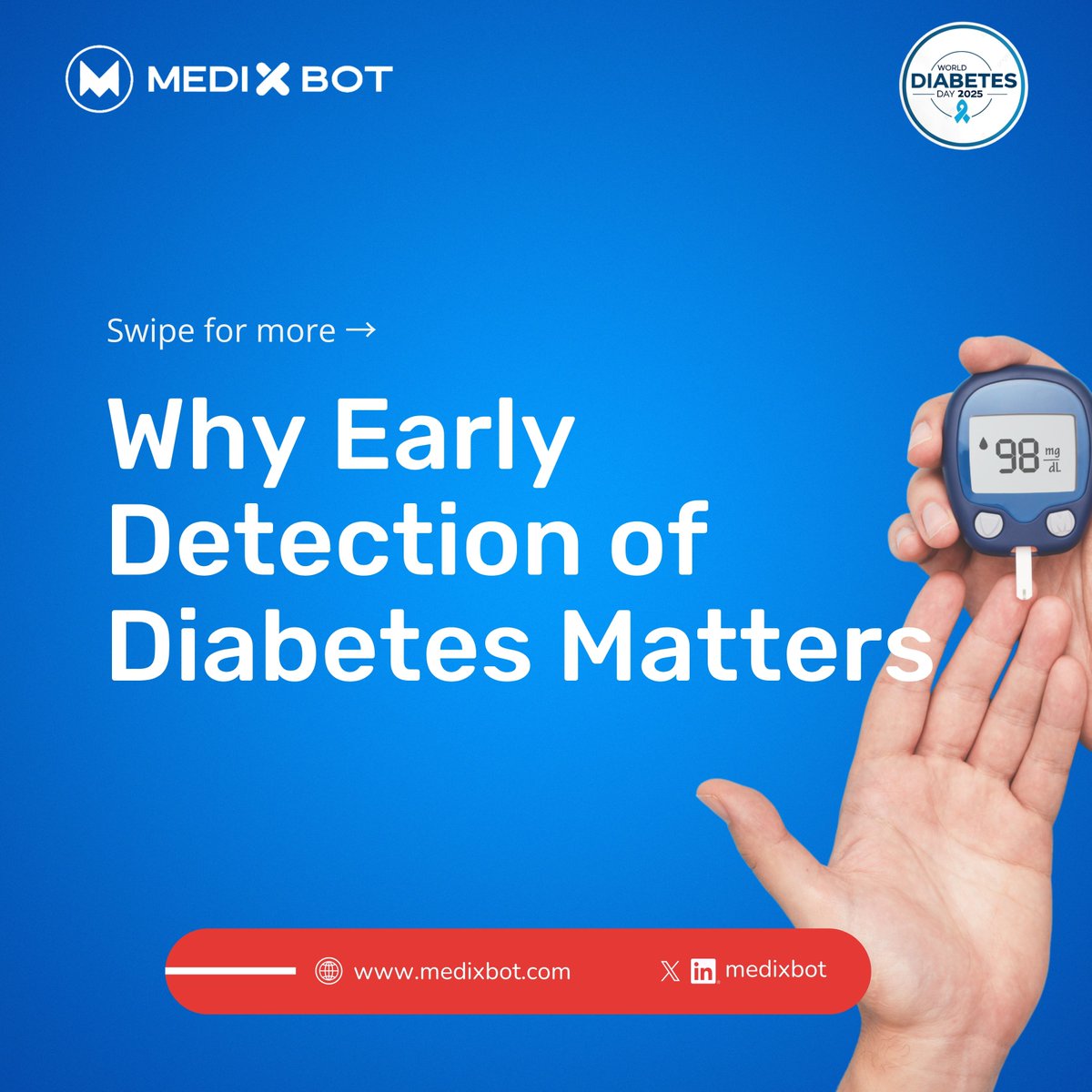medixbot's tweet image. As the world marks World Diabetes Day on Friday, November 14, it’s a reminder that awareness can save lives.
 
Swipe to see why early detection matters, and stay tuned for our next post, where we’ll share how technology is transforming diabetes care.

#WorldDiabetesDay #Medixbot