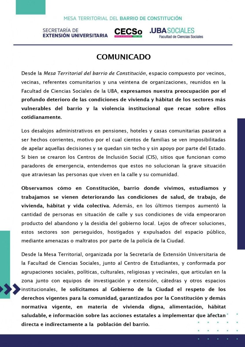 📢Comunicado de la Mesa Territorial de #FSOC ante la vulneracion de derechos y la violencia institucional en el barrio de Constitución 👇