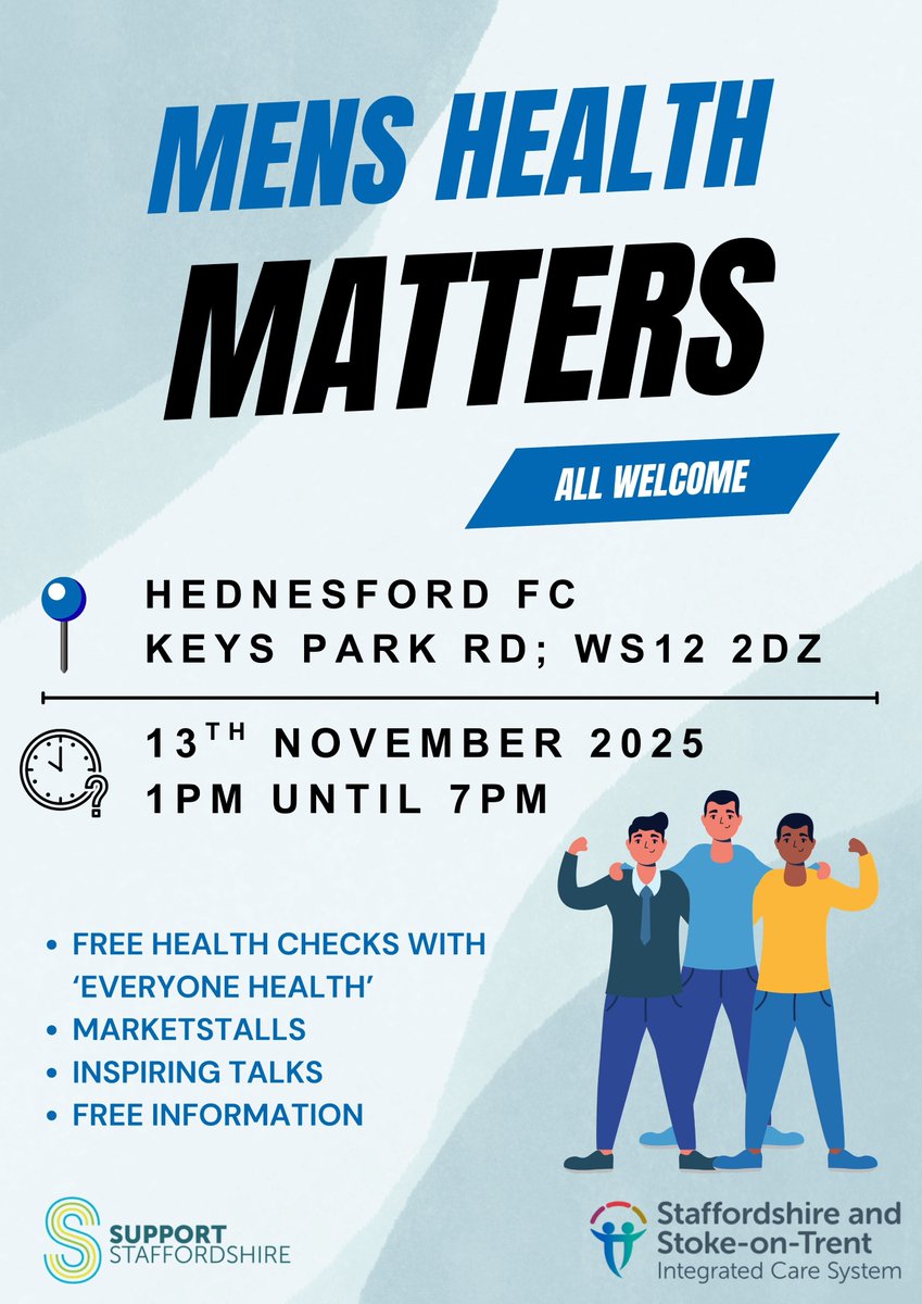 NHS_WMCA's tweet photo. Men - pop along to @Hednesford_Town this Thursday for your free and easy #MensHealthCheck with @EHStaffordshire @StaffsStokeICB It's always better to know. https://t.co/Es0dS5au6u