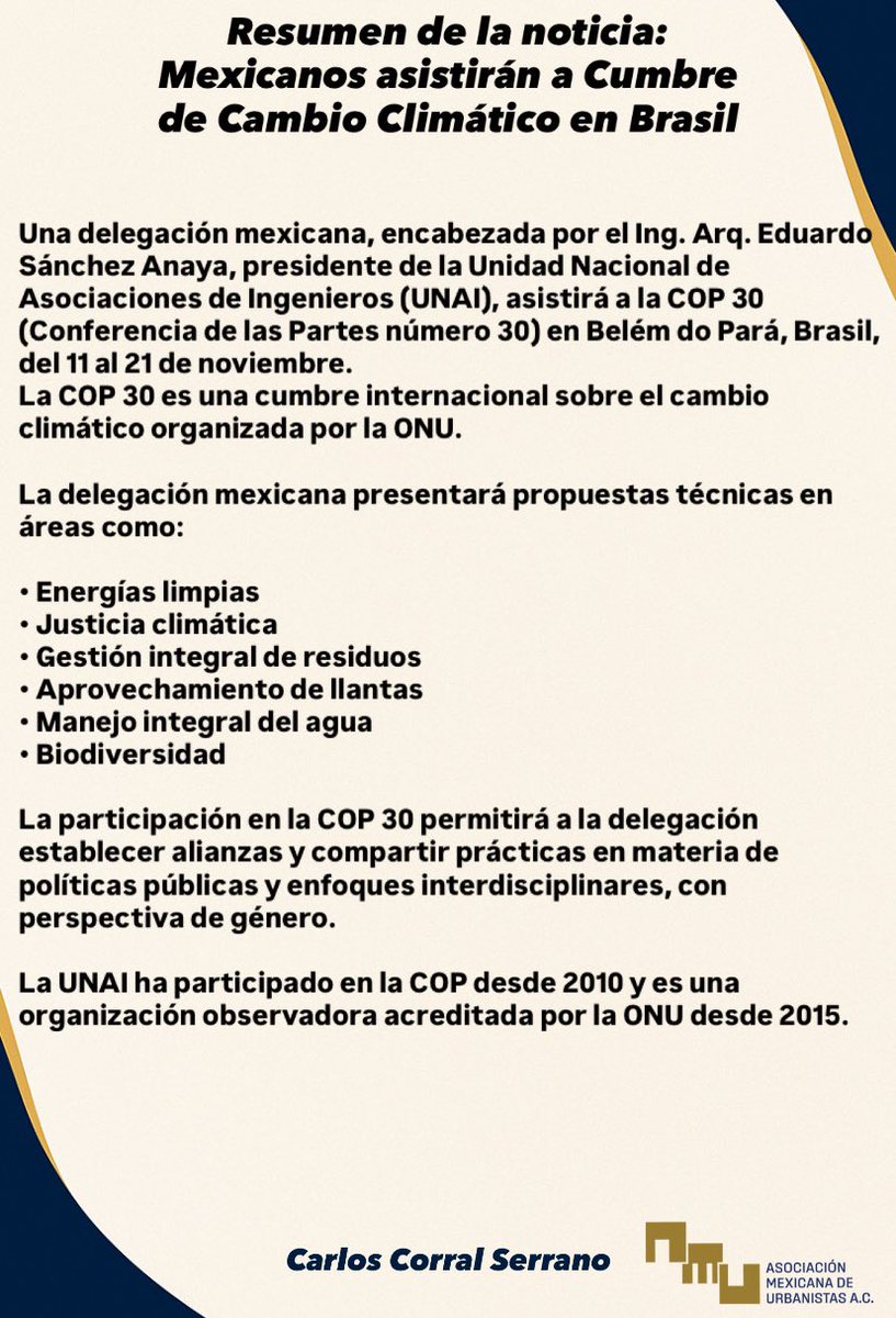 🌎 Delegación mexicana encabezada por el Ing. Arq. <a href="/EduSanchezAnaya/">Eduardo Sánchez Anaya</a>, presidente de la <a href="/UNAI_mx/">UNAImx</a>, participará en la #COP30 en Belém do Pará, Brasil 🇧🇷.
Presentarán propuestas sobre energías limpias, justicia climática, manejo del agua y biodiversidad.
#CambioClimático #México