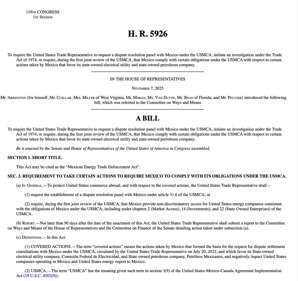 diazbriseno's tweet image. In a move supported by both fossil fuel &amp;amp; clean energy private sector lobbies, a bipartisan group of US House members have introduced a bill asking the Trump Govt not to lose time &amp;amp; invoke a #USMCA panel vs Mexico&apos;s energy policy discriminating in favor of state-owned Pemex &amp;amp; CFE