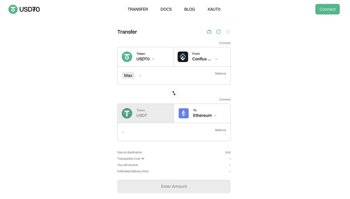 Tether 推出的美元稳定币 USDT0​ 已正式在 #Conflux 发行！usdt0.to/transfer?sourc…