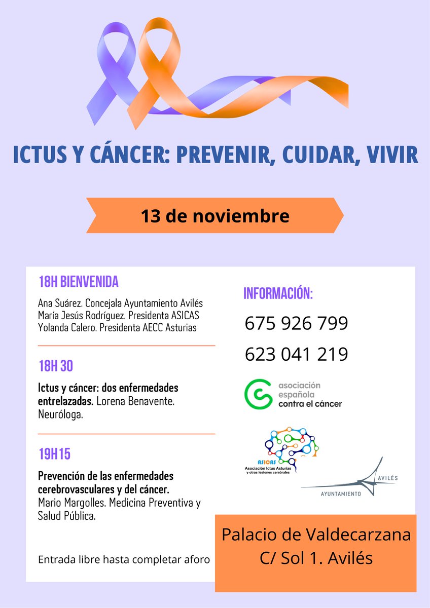 ContraCancerAST's tweet image. @ContraCancerAST  y la Asociación Ictus de Asturias celebrarán una jornada que lleva por título: ICTUS Y CÁNCER: PREVENIR, CUIDAR, VIVIR, orientada a fortalecer su compromiso con la salud comunitaria y la concienciación social en torno al ictus y al cáncer.