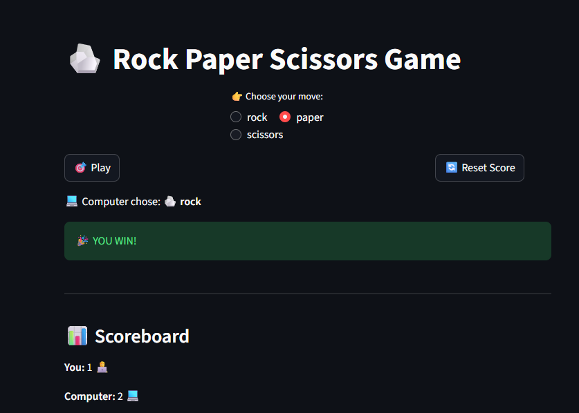 KantaChau81783's tweet photo. 🚀 Built a fun Rock, Paper, Scissors game using Python 🐍 and turned it into a web app with Streamlit 🎮!
A simple project to practice coding and make learning interactive.
#Python #Streamlit #BeginnerProject #LearnToCode https://t.co/ZtHtxYiioF