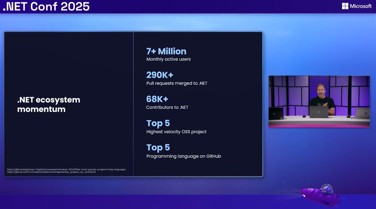 CHBernasconiC's tweet image. Pretty big numbers! 290k PRs merged to .NET. 🤯 #dotNETconf