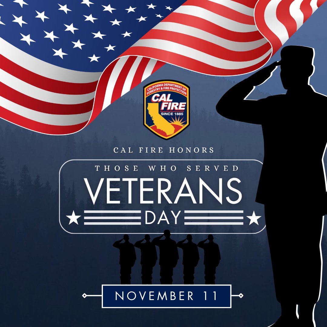 This Veterans Day, @CALFIRE proudly honors the brave men and women who have served our nation. Through the R.V.E.T.S. program, we’re committed to supporting veterans as they transition into civilian careers. To learn more, visit: joincalfire.com/rvets