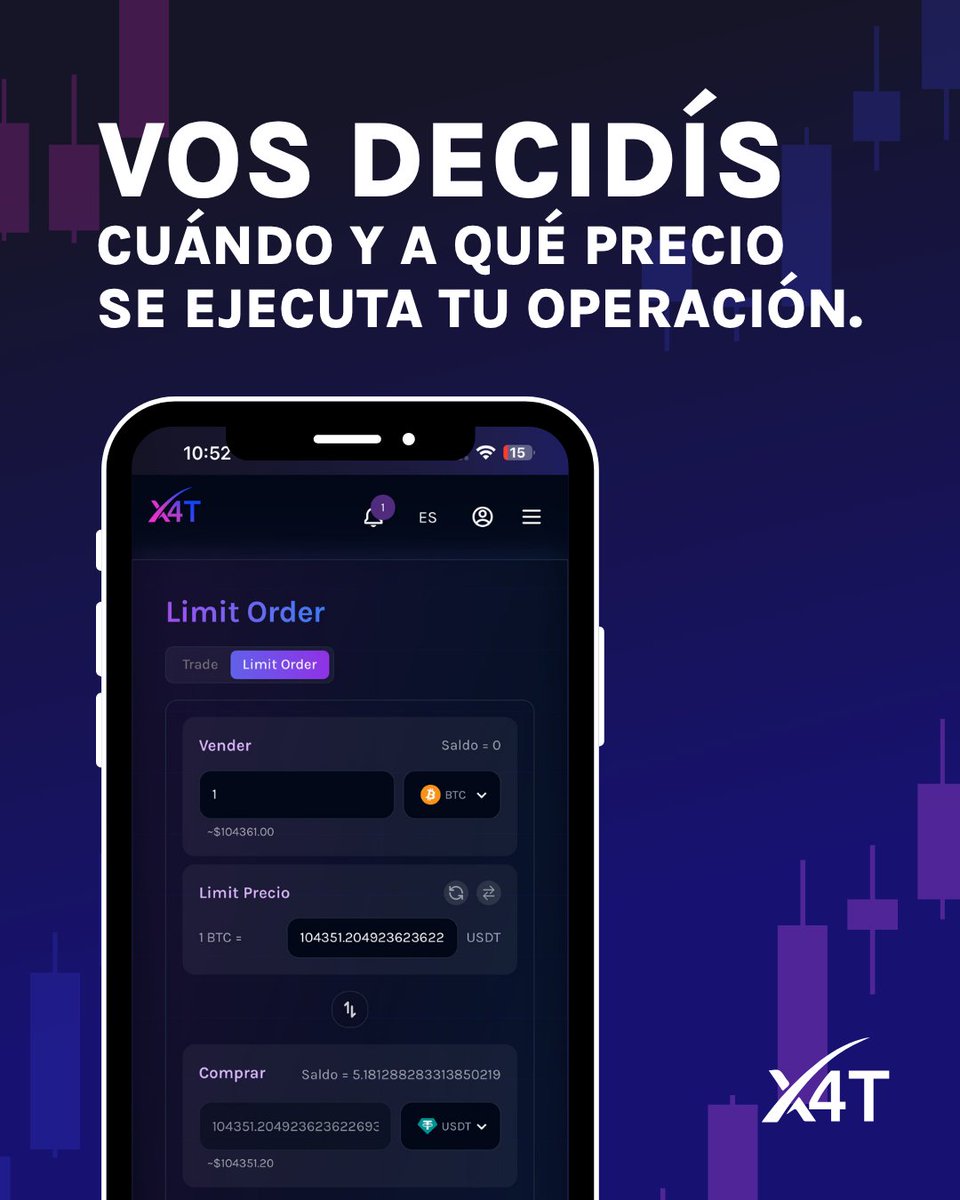 🚀¡Disponible ahora en X4T!: “Limit Orders”
Vos definís el precio y la orden se ejecuta automáticamente cuando el mercado llega ahí.
Ventajas:
✅ Control total de tus operaciones, de compra o venta.
✅ Ideal para planificar sin estar pendiente del mercado.
💡 Recordá: Solo se