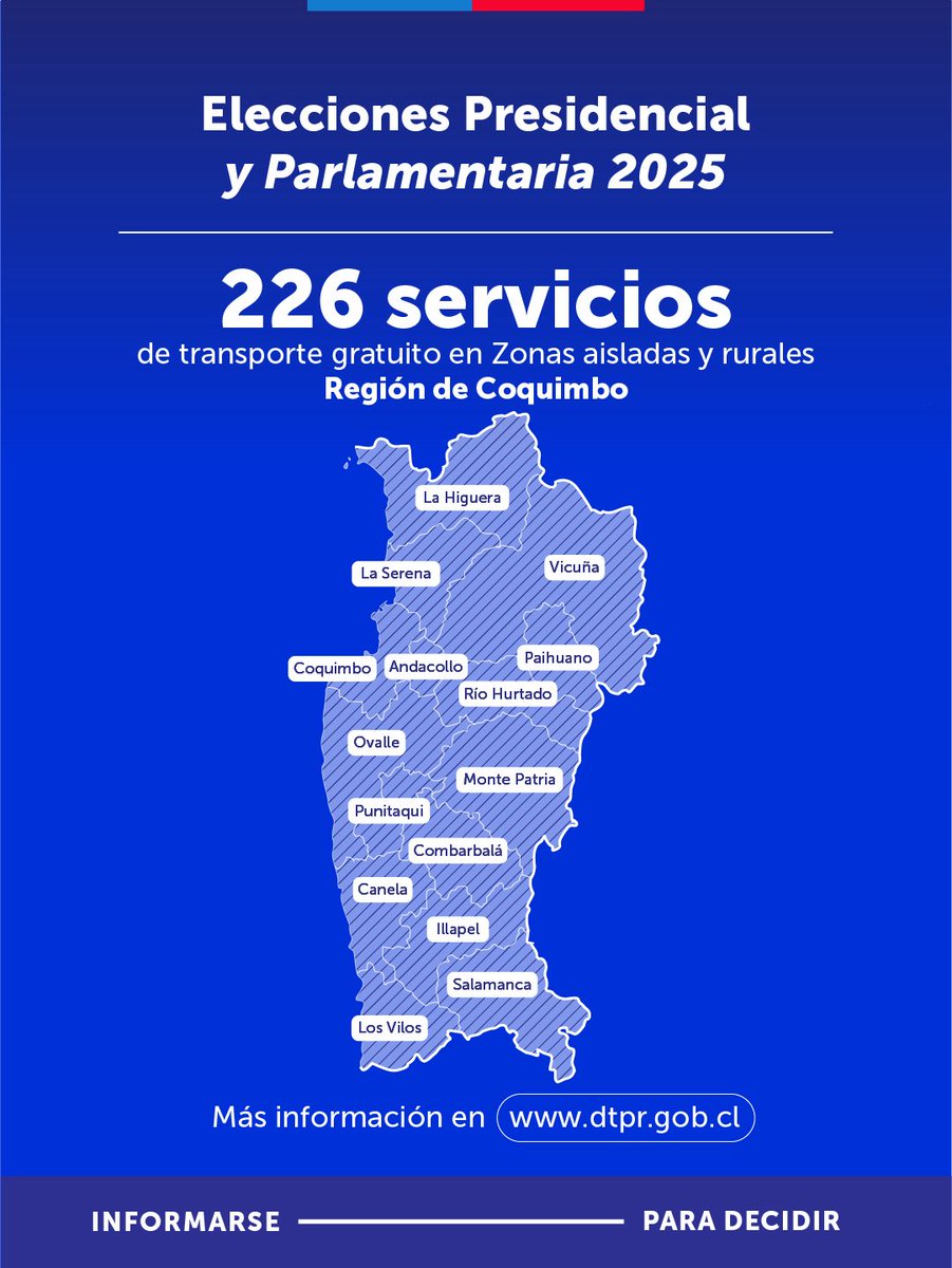 ¡ATENCIÓN! Durante las eleciones de este domingo, habrá transporte gratuito en 226 servicios que dispuso el <a href="/MTTChile/">Ministerio de Transportes y Telecomunicaciones</a> y que acercarán a las personas hacia sus locales de votación. 

✅ Revisa los servicios acá 👉 elecciones.dtpr.cl/Home/infoRegio…

#ChileVotaInformado🇨🇱🗳️