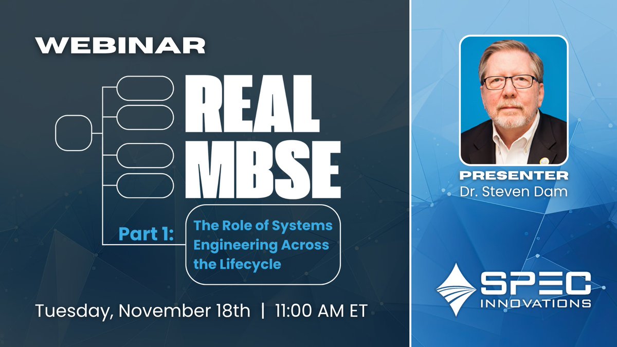 specinnovations's tweet image. Join us next Tuesday at 11 AM ET for “Real #MBSE: The Role of #SystemsEngineering Across the Lifecycle”, Part 1 of our 7-part Real MBSE webinar series.

Register now: hubs.li/Q03RTy_y0

See the full series: hubs.li/Q03RTMLN0

#DigitalEngineering #Innoslate
