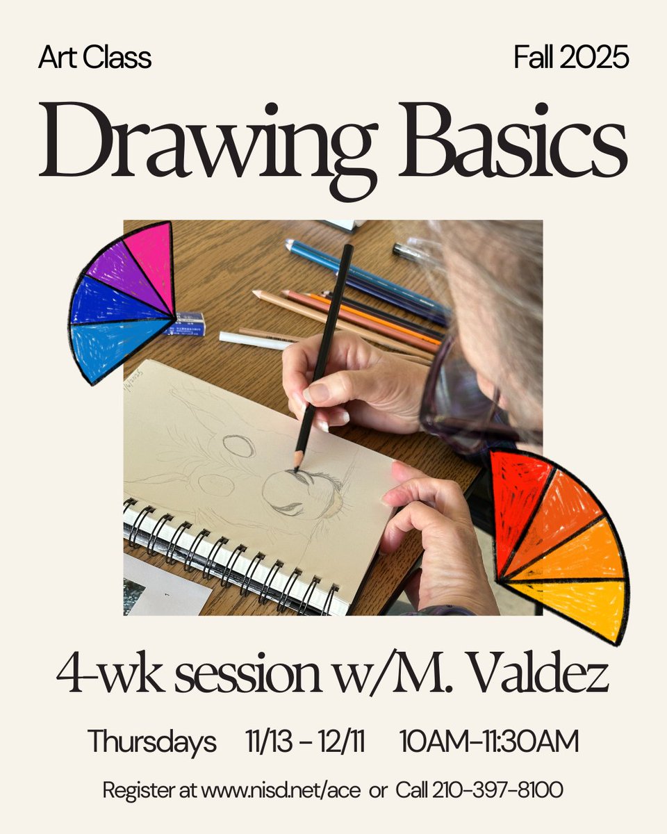 Drawing Basics starts this Thursday! Sharpen your skills or start fresh. We'll cover pencil techniques (shading/texture) &amp; compositional awareness (focal points/perspective). Beginners &amp; repeaters welcome! Instructor: Molly Valdez.
#nisd #communityeducation #learnforlife
