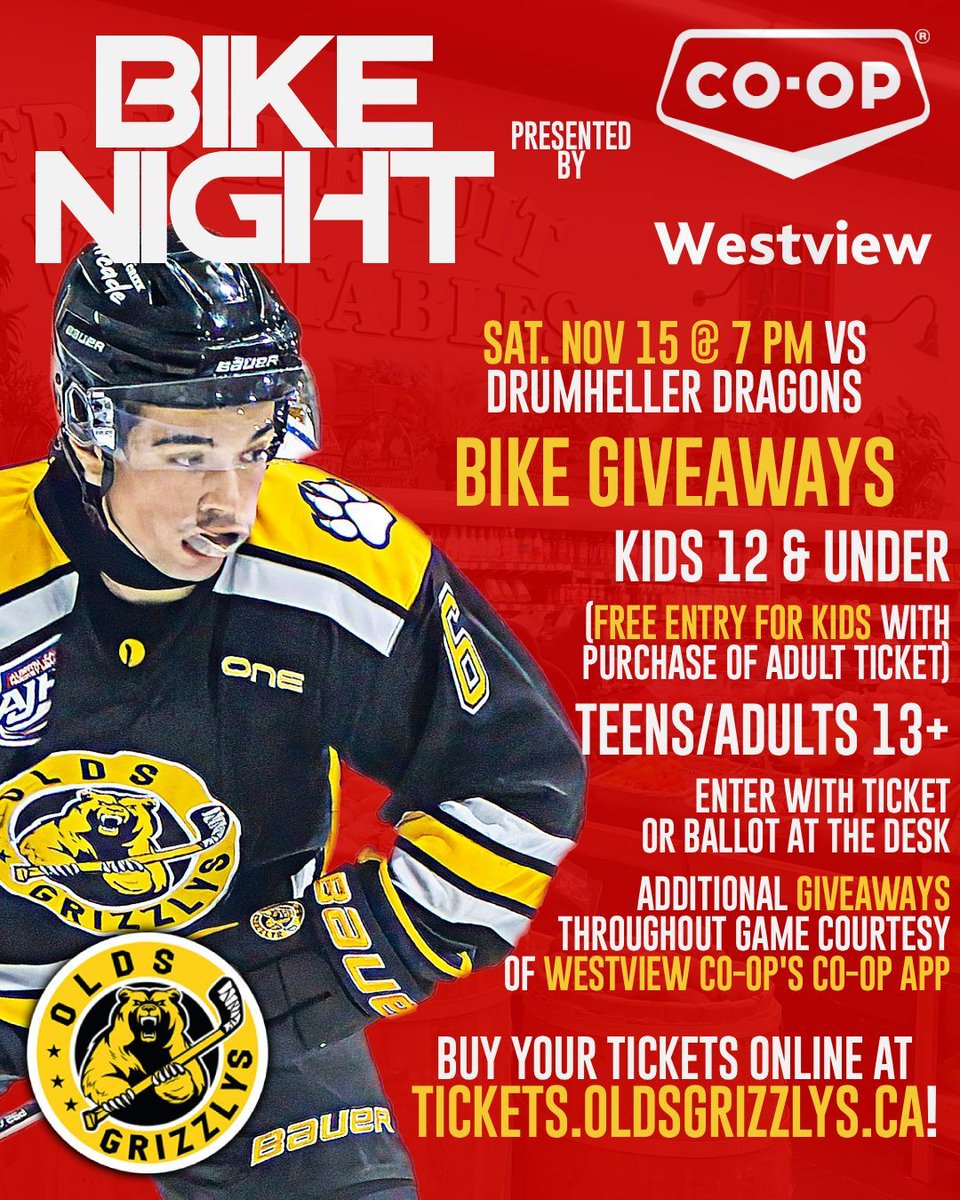 #GrizzCountry, Saturday is Westview Co-op's Bike Night! Grab your #Grizzlys tickets ASAP by heading online to tickets.oldsgrizzlys.ca &amp; remember to grab your ballots for this special promotional prize draw, as well as other sweet giveaways throughout the game! #AJHL #juniorhockey