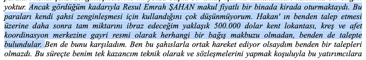 İddianamede Resul Emrah Şahan'ın makul fiyatlı bir binada kirada oturmakla birlikte kent lokantası, kreş ve afet koordinasyon merkezi için bağış talep etme yoluyla suç işlediği iddia ediliyor.