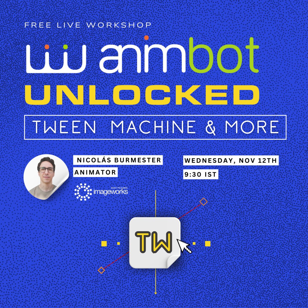 AnimationMentor's tweet photo. Animate faster and with more control! Join us tomorrow for this FREE live workshop with Sony Pictures Imageworks Animator Nicolás Burmester: https://t.co/549KfTrk9Z
#animbot #maya #animationworkshop https://t.co/fwnnyUUOTH