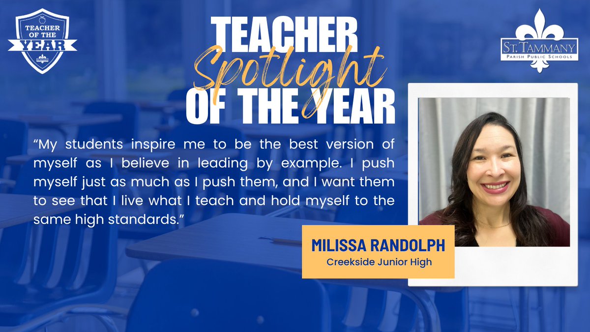 ✏️ Teacher of the Year Spotlight 📚

Milissa Randolph from Creekside Junior High champions her students and her colleagues through uplifting them with positivity and encouragement, and by volunteering to help whenever and wherever she can.