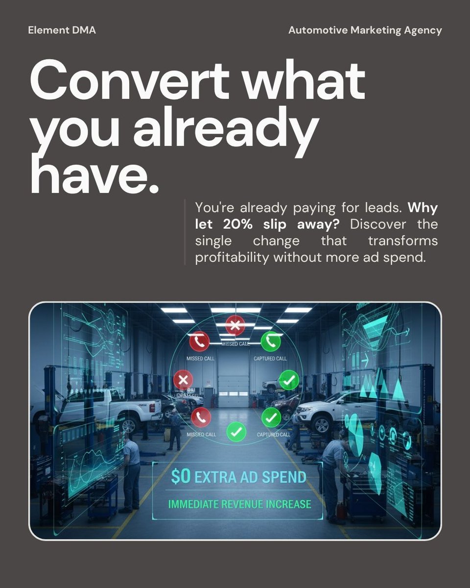 ElementDMA's tweet image. 20% of calls to auto shops go unanswered. 📞

That's 1 in 5 customers calling your competitor instead.

You're already paying to generate those leads. Don't let them slip.

Fix the leak before you scale ad spend. 🔧

The fastest-growing shops capture every opportunity. ✅
